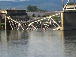 Collapsed bridge and river