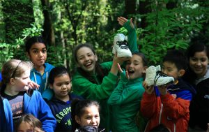 Diverse group of kids in forest lands holding up shoes and laughing