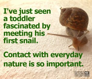 Kid's first contact with snail; contact with everyday nature is important from Sussex Wildlife Trust