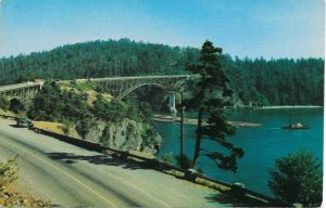 Roadway, bridge, lake