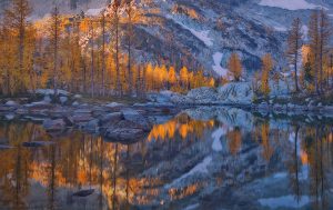 Mountain and orange foliage reflected in lake water