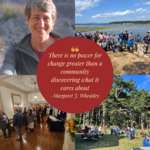 Photo collage featuring 4 photos: One a headshot of Former Secretary of the Interior, Sally Jewell, The other three photos are all of groups of people at events. In the center of the image is a quote by Margaret Wheatley that reads "There is no power for change greater than a community discovering what it cares about"